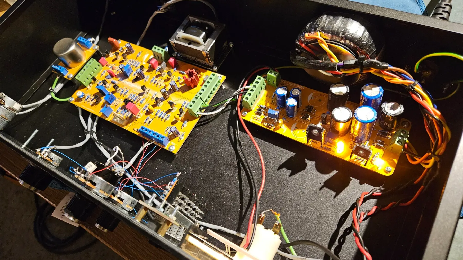 Wide interior view of a completed HoneyBadger 1176 build