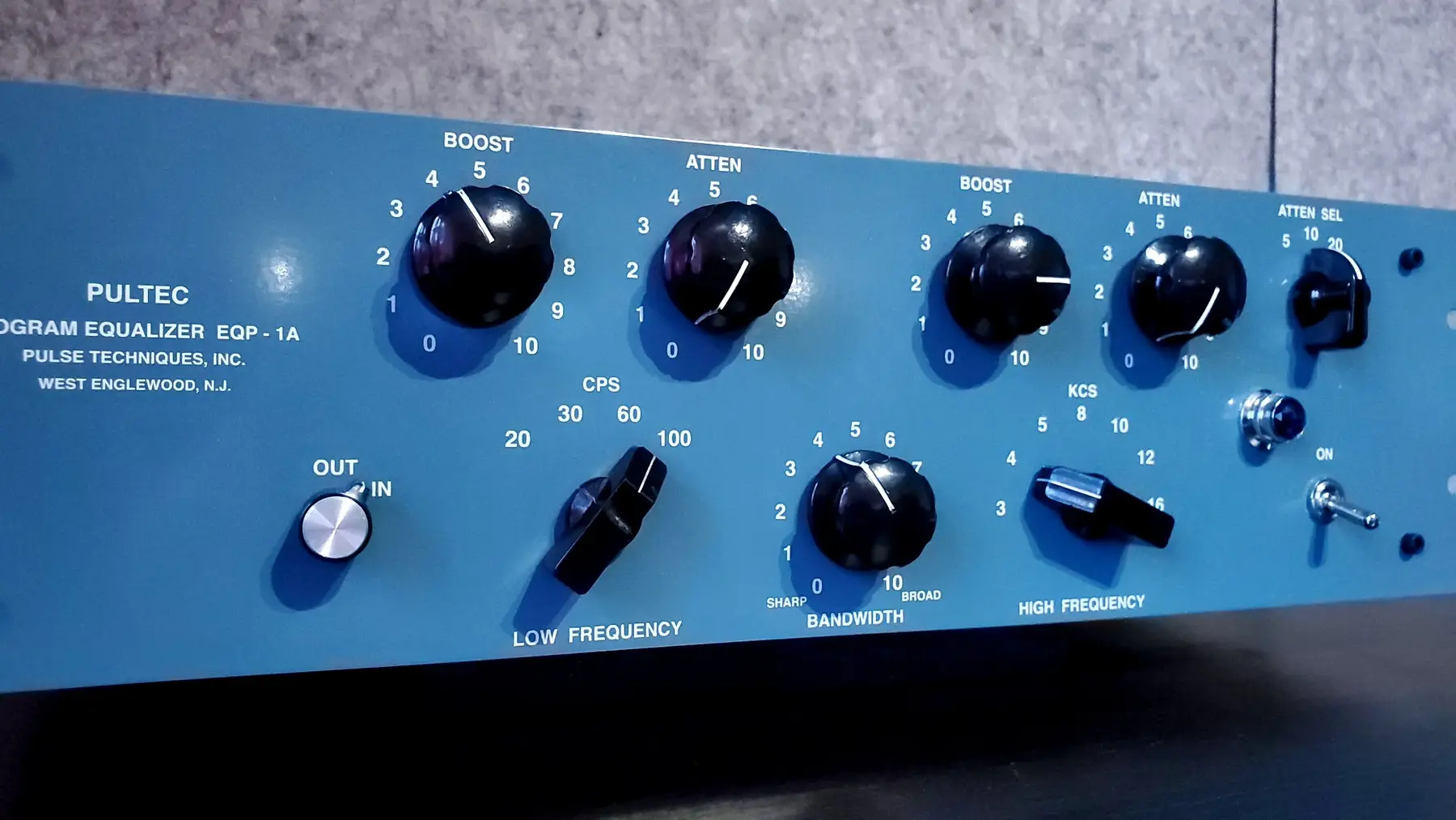 Blue custom Pultec-style equalizer front panel