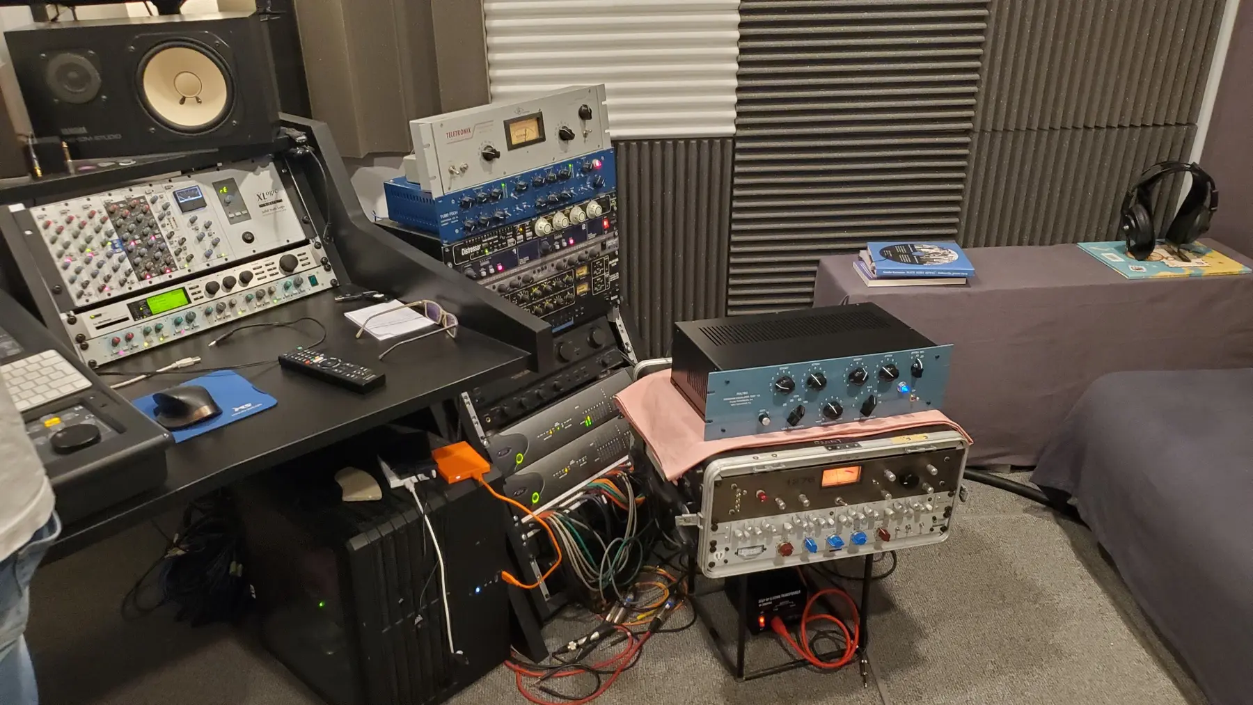 DIY audio equipment installed in a working recording studio