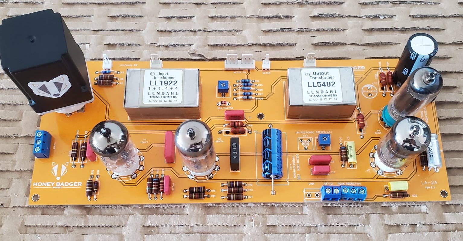 Completed HoneyBadger LA-2A PCB build with tubes and transformers installed
