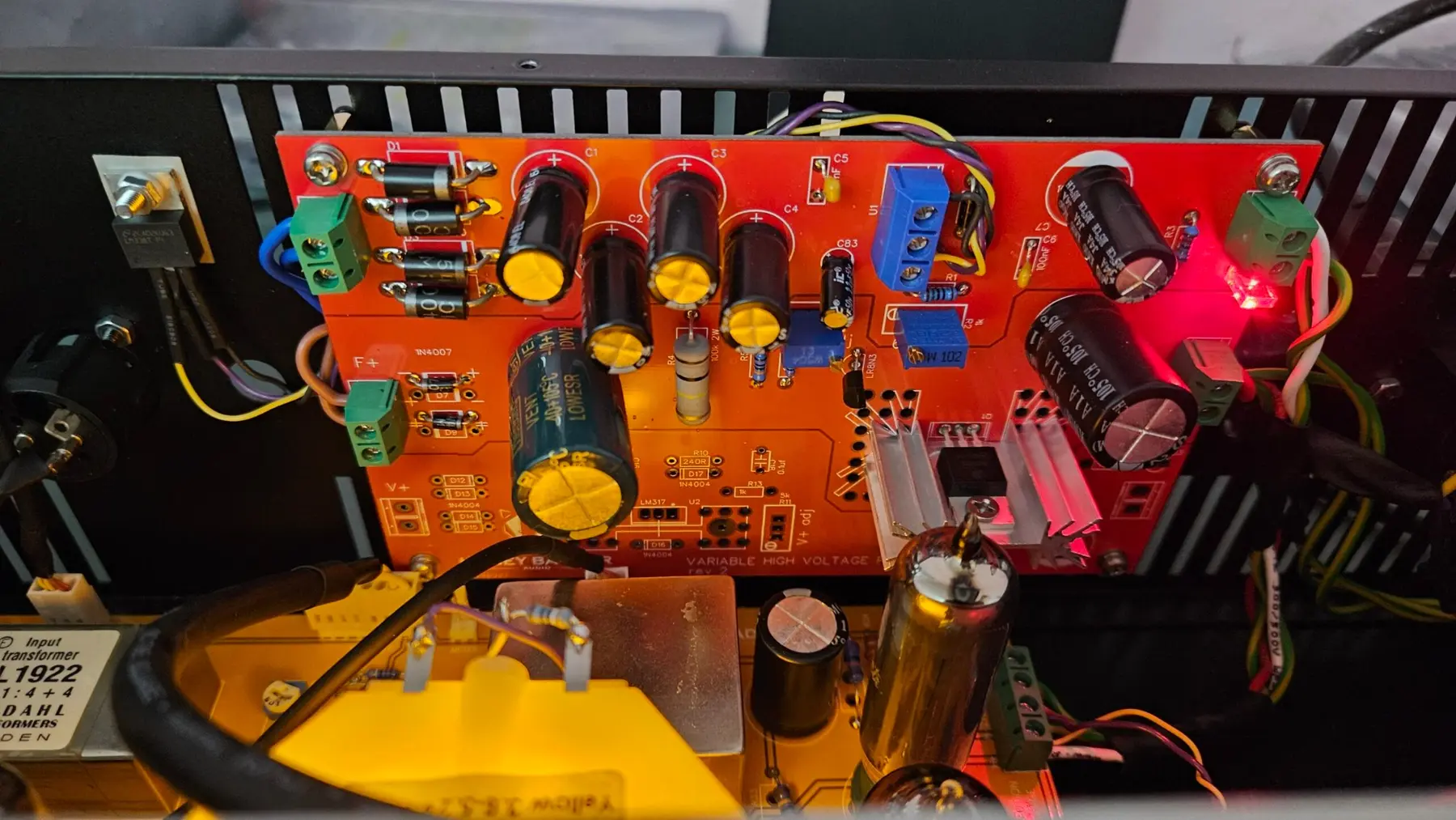 Close view of the assembled variable high-voltage power supply PCB